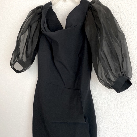 La Petite Robe di Chiara Boni Cocktail Midi Dress Black Ruched Ruff Sleeve Sz 42 - Picture 13 of 15